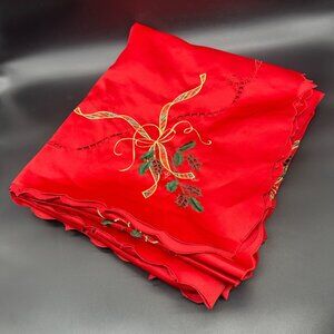 Lenox Red Embroidered Christmas Tablecloth Holly Plaid Ribbon Holiday 60 x 137